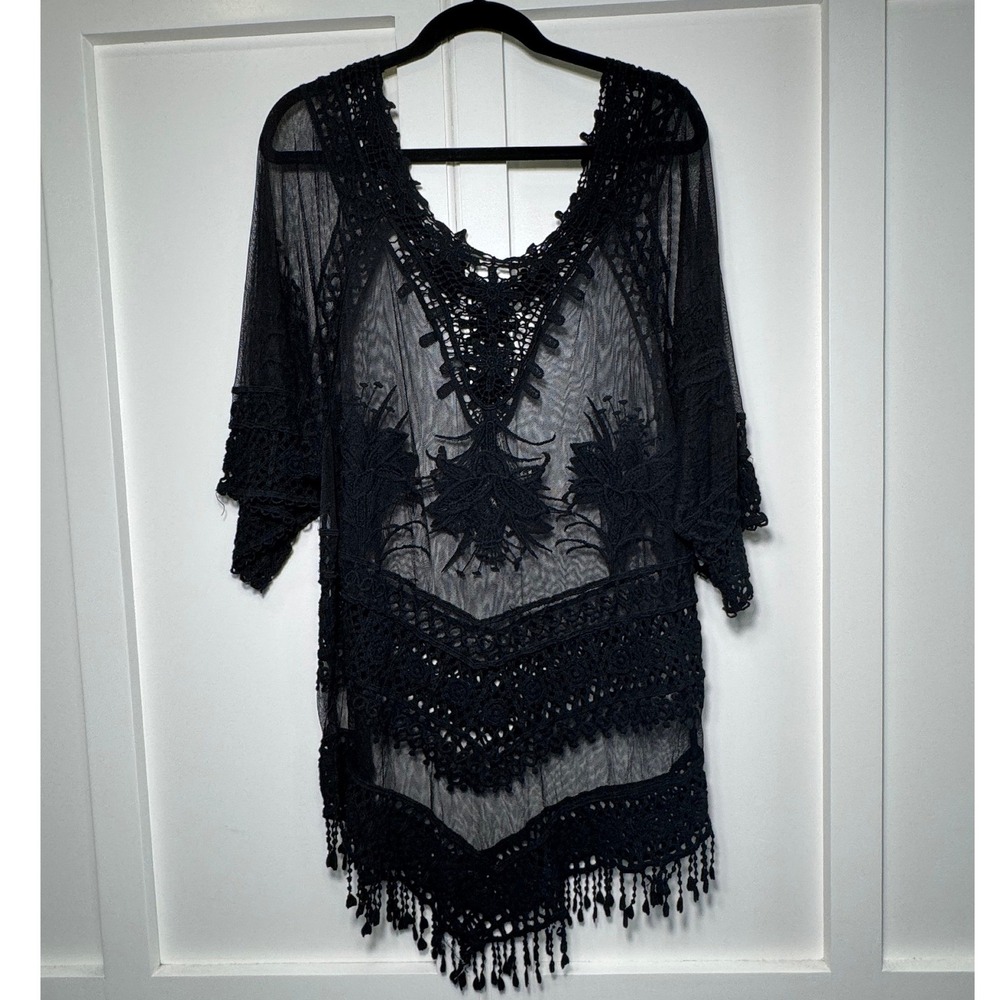 Black Lace Tunic‎ Cover Up Beach Boho Sheer Fringe OSFM